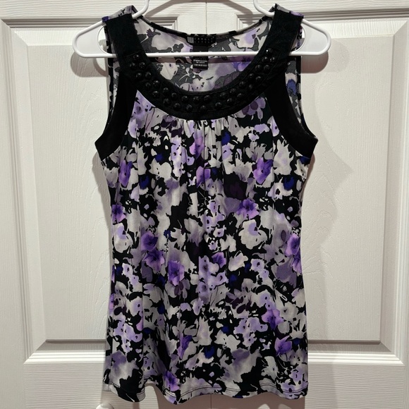 CAROLE LITTLE Women’s Floral Rhinestone Blouse Top Shirt - black/purple, size S - Picture 1 of 4